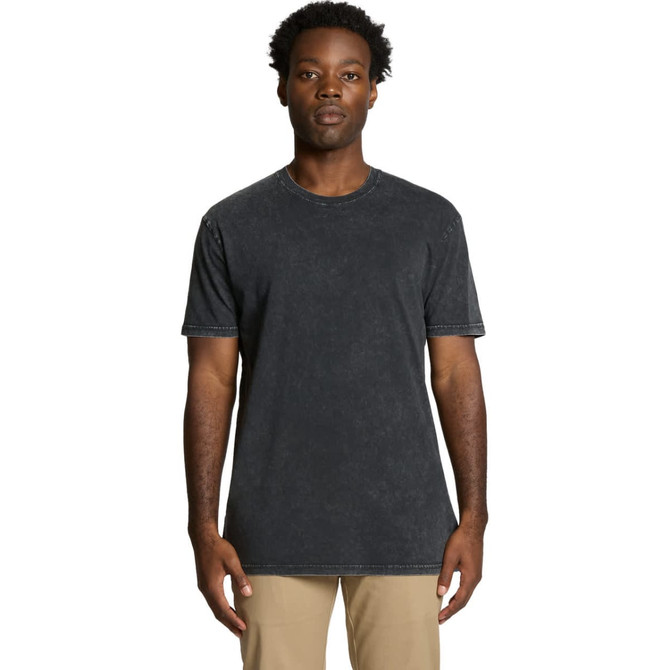 A black stone wash T-shirt featuring a round neckline and short sleeves. It has a logo on it.
