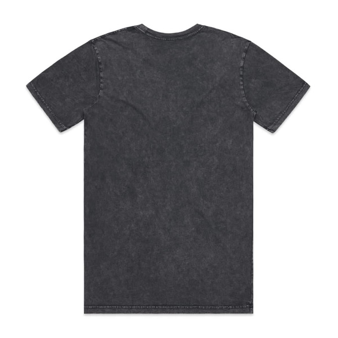 A grey stone wash T-shirt featuring a simple design and a logo on the back.