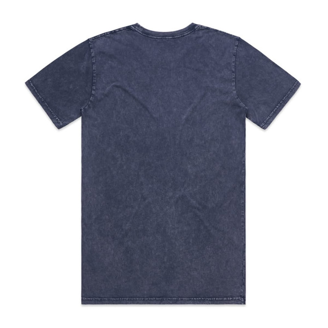 A dark blue stone wash t-shirt featuring a classic crew neckline and short sleeves. It has a branding logo.
