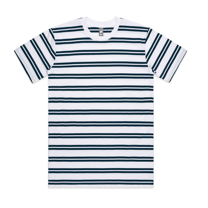 A striped t-shirt featuring horizontal blue and white stripes, with short sleeves and a crew neckline.