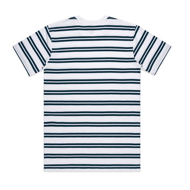 A striped t-shirt featuring navy blue stripes on a white background, with short sleeves and a crew neckline. There is a logo present.