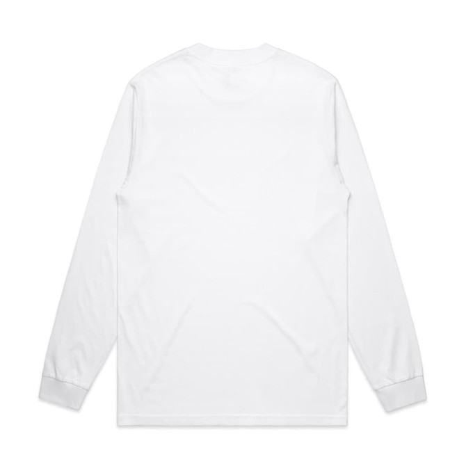 A white long-sleeve t-shirt featuring a plain back design and cuffs. It has a logo on the front.