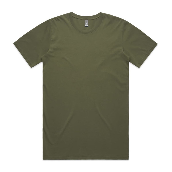 A plain olive green T-shirt with short sleeves and a tag at the neckline, featuring a logo.