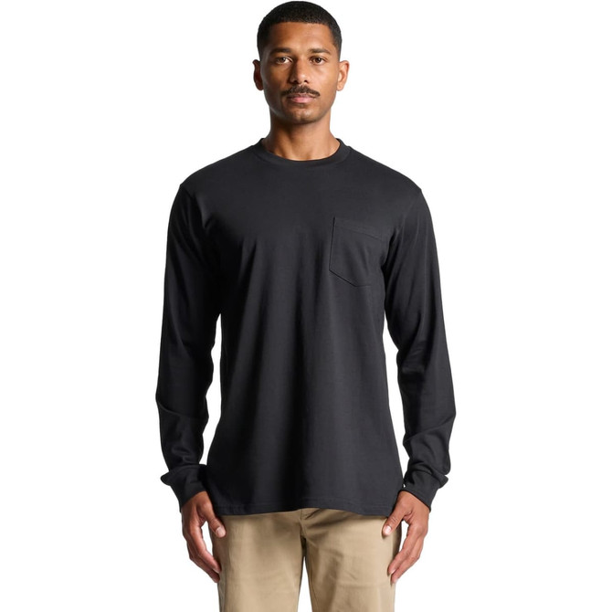 A long-sleeve black T-shirt featuring a front pocket and a subtle logo. Suitable for casual wear.