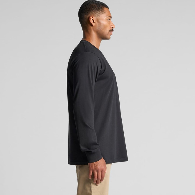 A side view of a classic long-sleeve black pocket tee, featuring a logo on the chest.