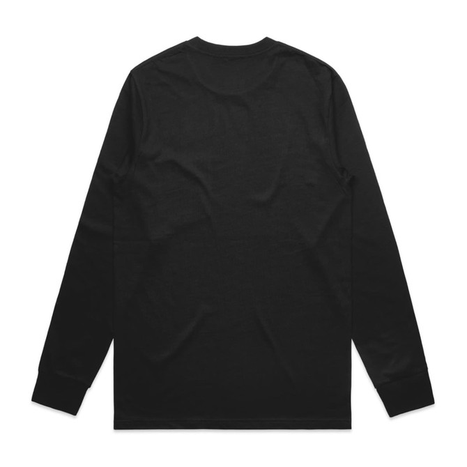 A black long-sleeve t-shirt with a plain back design and fitted cuffs. It has a logo on the front.