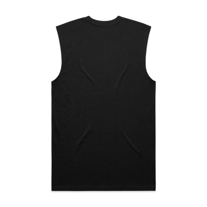 A black sleeveless tank top with a smooth texture and a logo on the back.