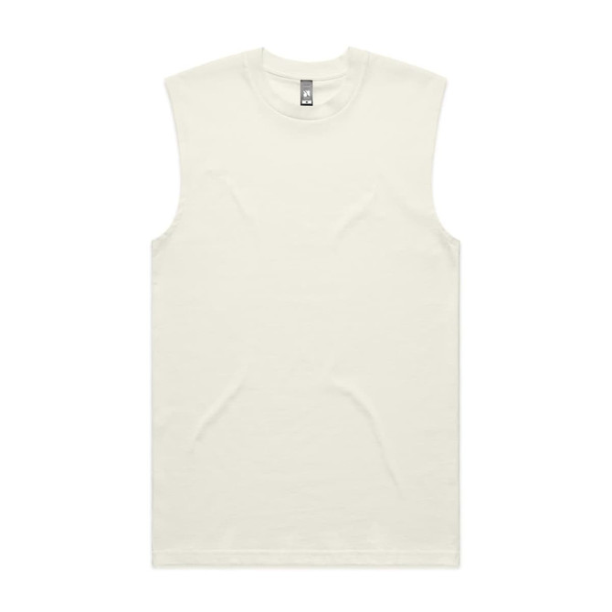A white sleeveless tank top with a simple design and a logo on the neckline.