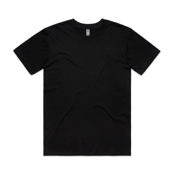 A black t-shirt with short sleeves and a round neckline. It features a logo.