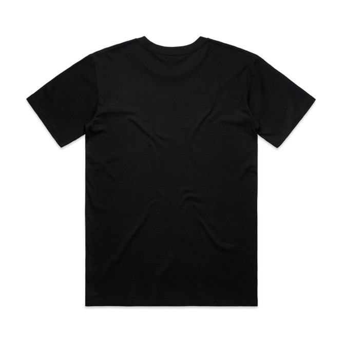 A black t-shirt with a plain back, featuring a logo on one side. Suitable for casual wear.