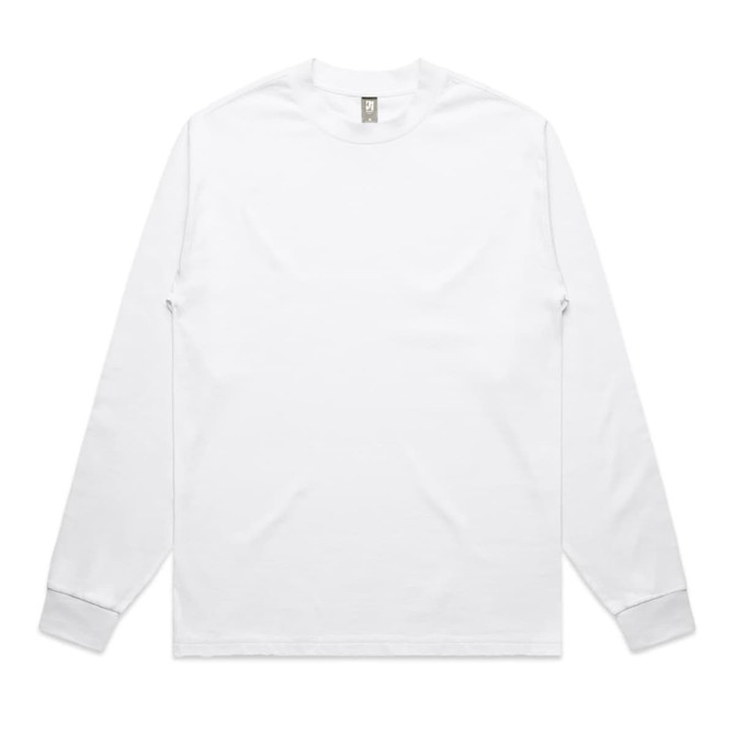 A long-sleeve white T-shirt featuring a minimalist design and a logo on the neckline.