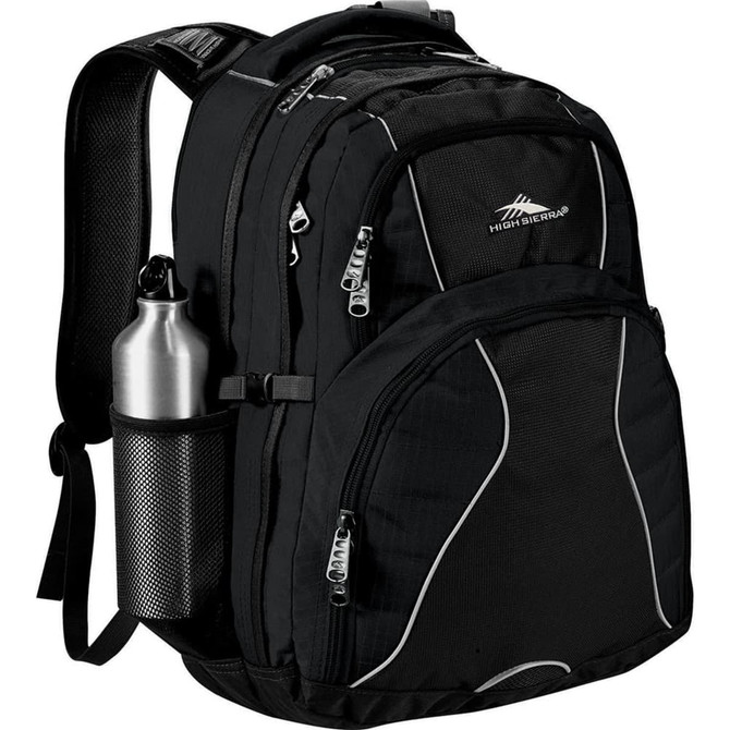 A black backpack with multiple compartments, featuring a drink bottle holder and a logo.