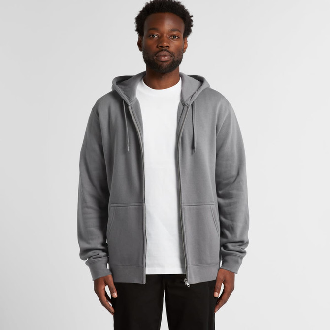A grey zip-up hoodie with a front pocket and drawstring hood, featuring a branding logo.