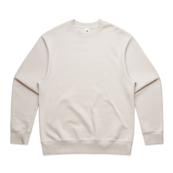 A beige jumper with a rounded neckline and long sleeves, featuring a logo on the inner label.