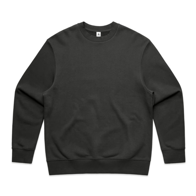 A dark grey crew jumper featuring a round neckline and long sleeves. It has a small logo on the label.