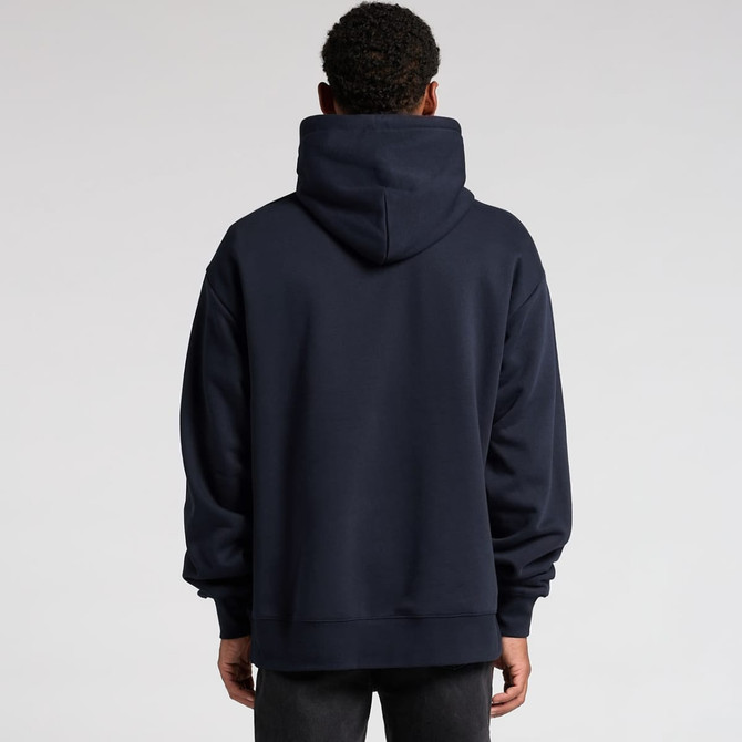 A navy blue hoodie with a large hood and a relaxed fit, featuring a logo on the back.