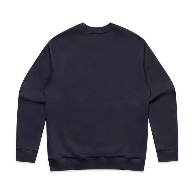 A navy jumper with long sleeves and a crew neckline. It features a logo on the back.