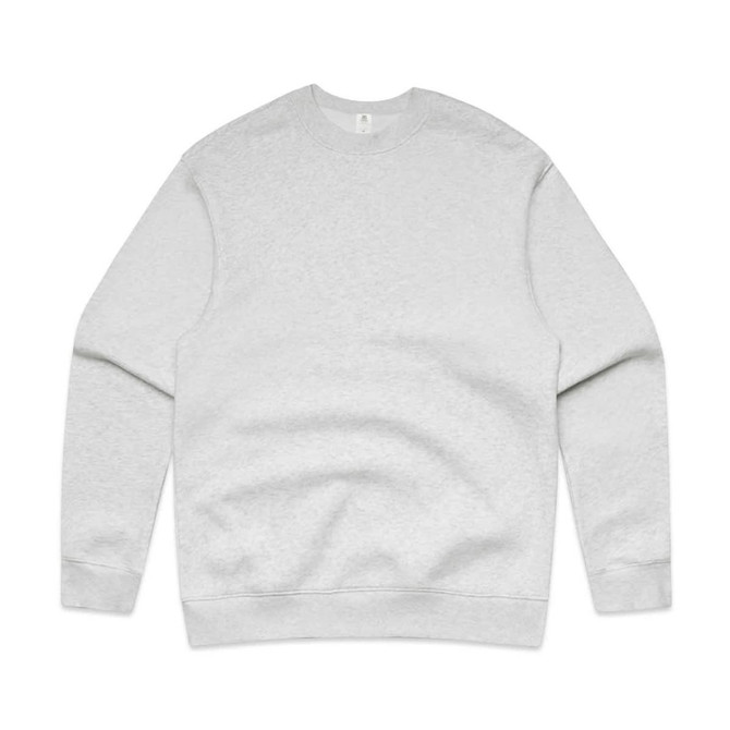 A grey crew jumper with long sleeves and a plain design. It features a branding logo.