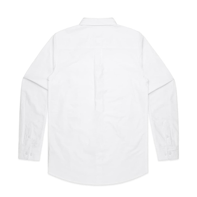 A white button-up Oxford shirt with long sleeves and a back pleat, featuring a logo on the label.