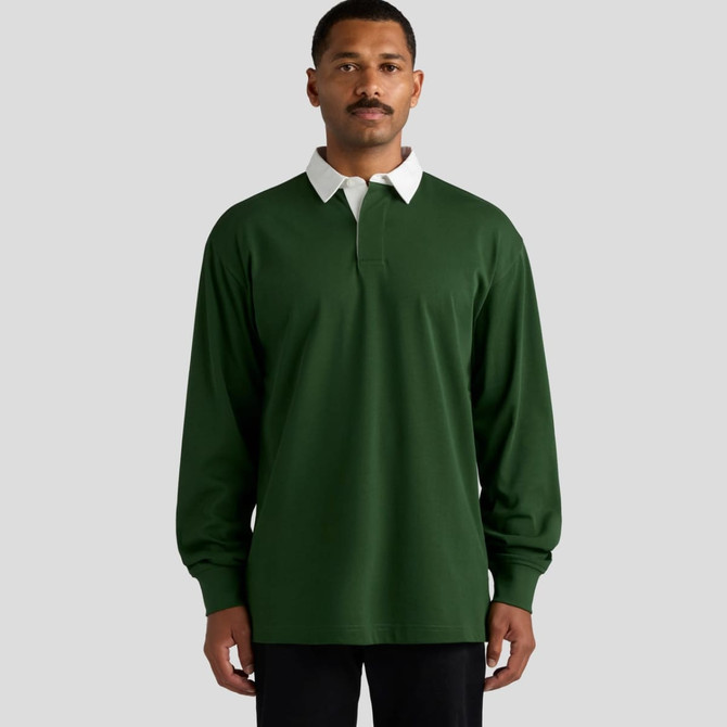A long-sleeved rugby jersey in dark green with a white collar, featuring a subtle logo on the chest.