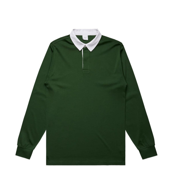 A dark green rugby jersey with a white collar and long sleeves. It features a small opening at the neck and has a logo.