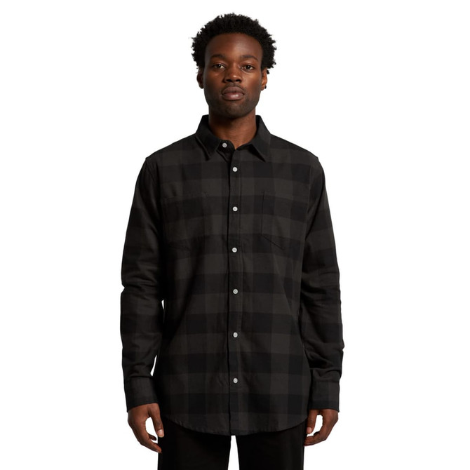 A black and grey check shirt with a button-up front and a collar, featuring a branded logo.