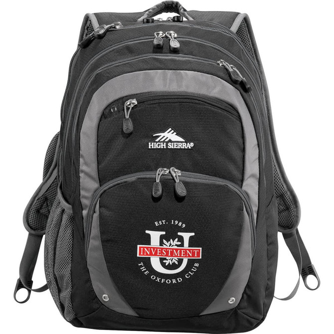 A black and grey backpack featuring multiple compartments and a logo on the front.