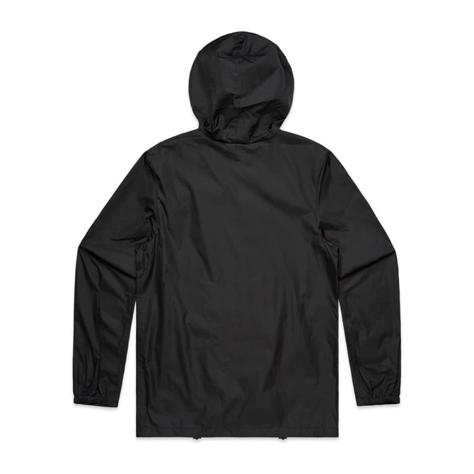 A black rain jacket featuring a hood and elastic cuffs, with a logo on the back.