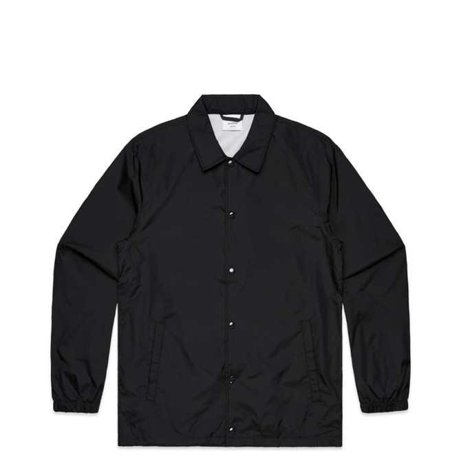 A black coach jacket featuring a button-up front and a collar, with elastic cuffs and no visible logos.