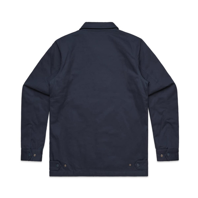 A navy work jacket with a collar, long sleeves, and buttoned cuffs, featuring a logo on the back.