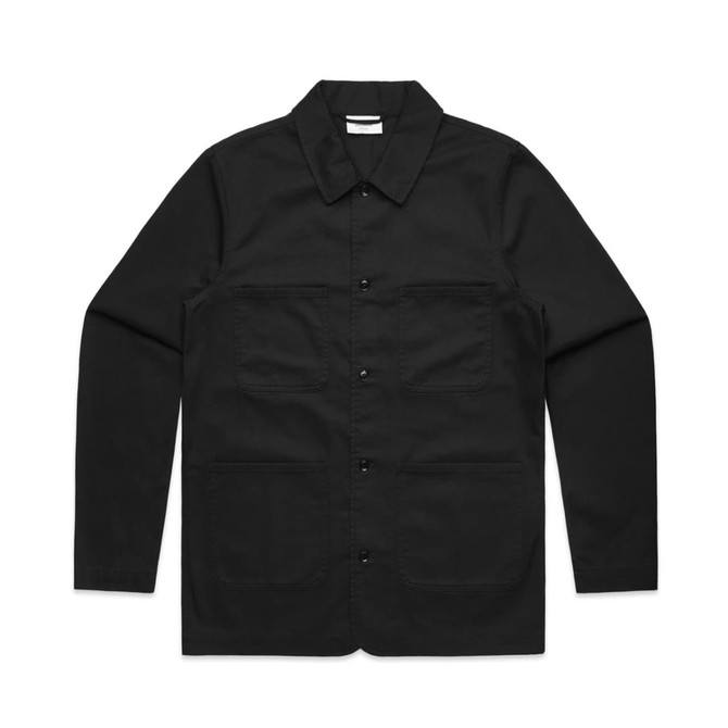 A black chore jacket featuring a button-up front and multiple front pockets. The jacket has a collar and long sleeves.
