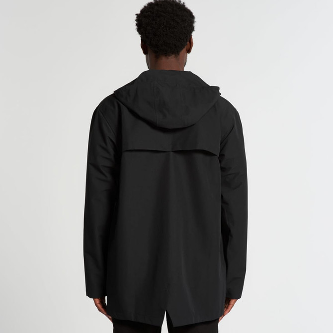 A black rain jacket featuring a hood and a back vent, with a branding logo on the garment.