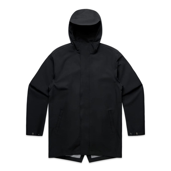 A black rain jacket with a hood, featuring a simple design and side pockets. It has a logo on the garment.