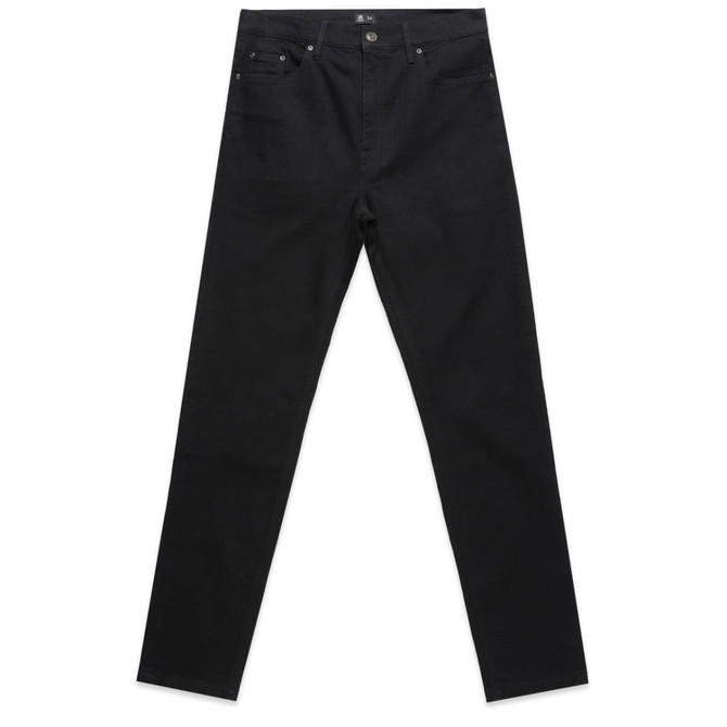 Black jeans with a slim fit design, featuring pockets and a logo on the waistband.