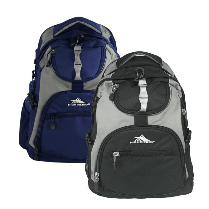 A blue and grey backpack alongside a black and grey backpack, both featuring a logo and multiple compartments.