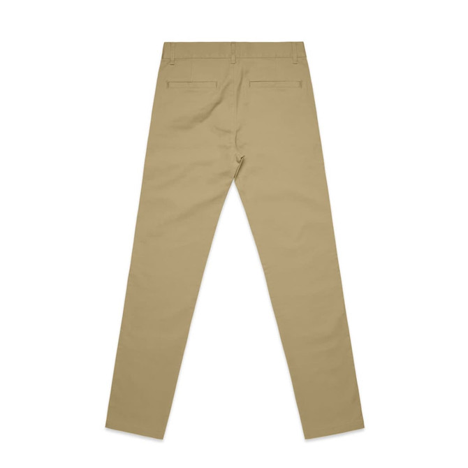 A pair of khaki standard pants viewed from the back, featuring back pockets and a fitted design.