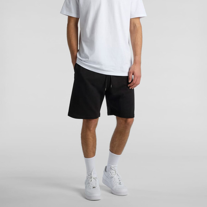 Black sports shorts with an elastic waistband and drawstring, featuring a branding logo.