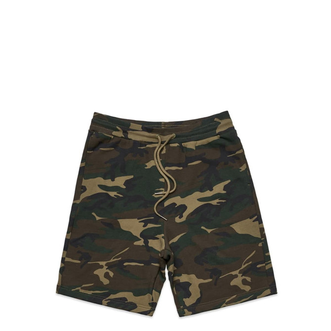 Camouflage sports shorts in shades of green and brown, featuring an elastic waistband and drawstring.