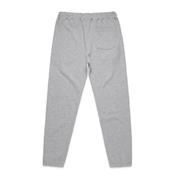 A pair of grey track pants with an elastic waistband and a back pocket. The design is simple and unembellished.