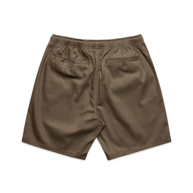 Brown dress shorts with an elastic waistband and two back pockets, featuring a logo.