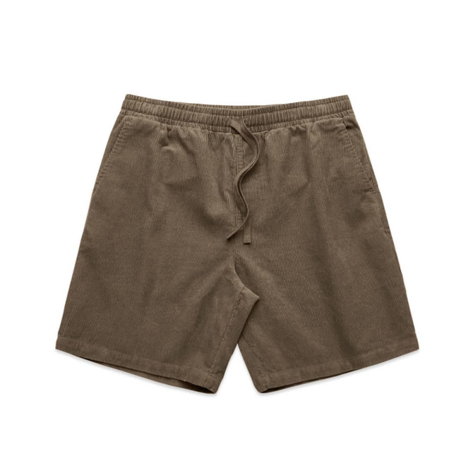Cord shorts in a muted olive green, featuring an elastic waistband and drawstring for adjustable fit.