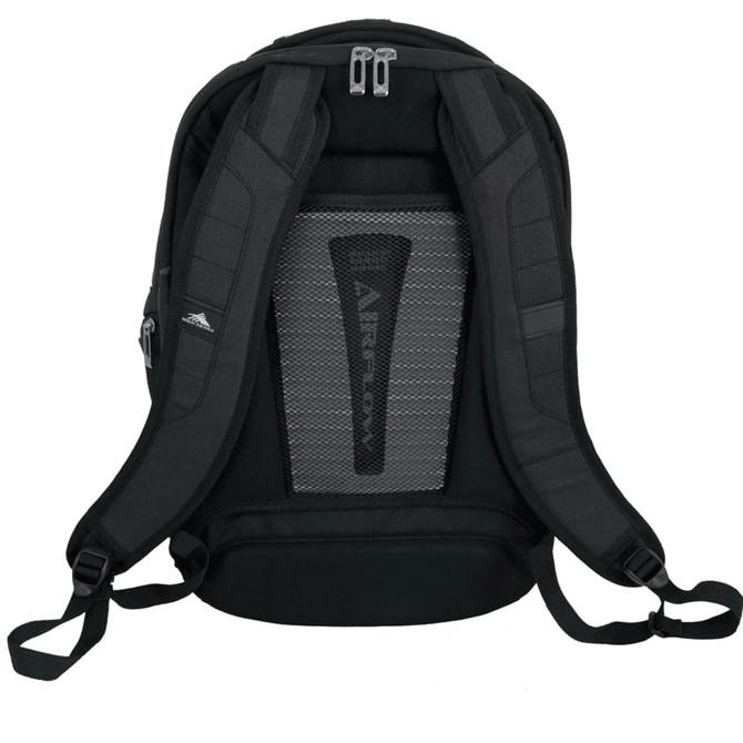 A black High Sierra Business 17" 42L computer backpack with padded straps and a mesh back panel. It features a logo.