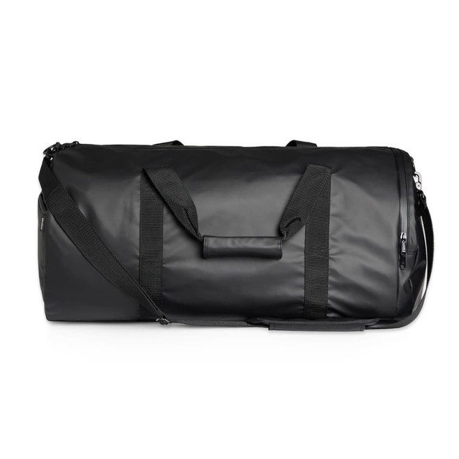 A black duffel bag with dual handles and an adjustable strap, featuring a logo on the side.