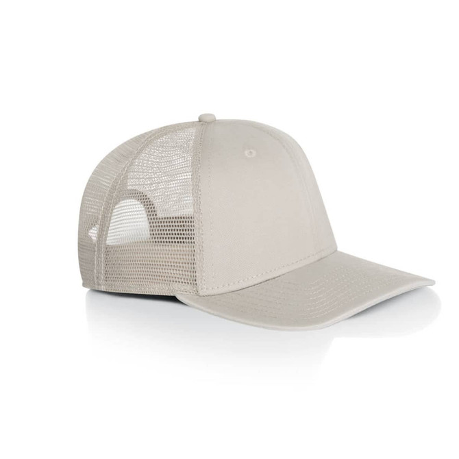 A beige trucker cap featuring a mesh back and a curved peak. It has a logo on the front.