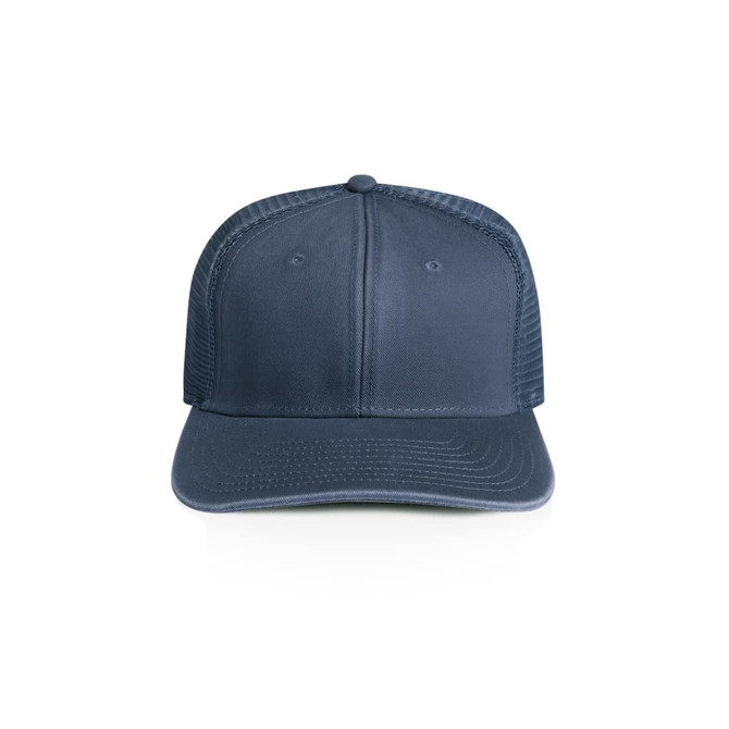 A navy trucker cap with a solid front and mesh sides, featuring a logo on the front.