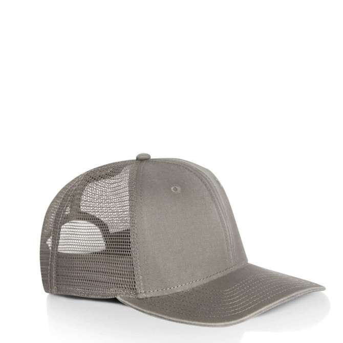 A grey trucker cap with a mesh back and a solid front panel, featuring a logo on the front.