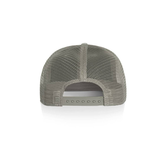 A grey mesh trucker cap with a plastic adjustable strap at the back and a logo on the side.