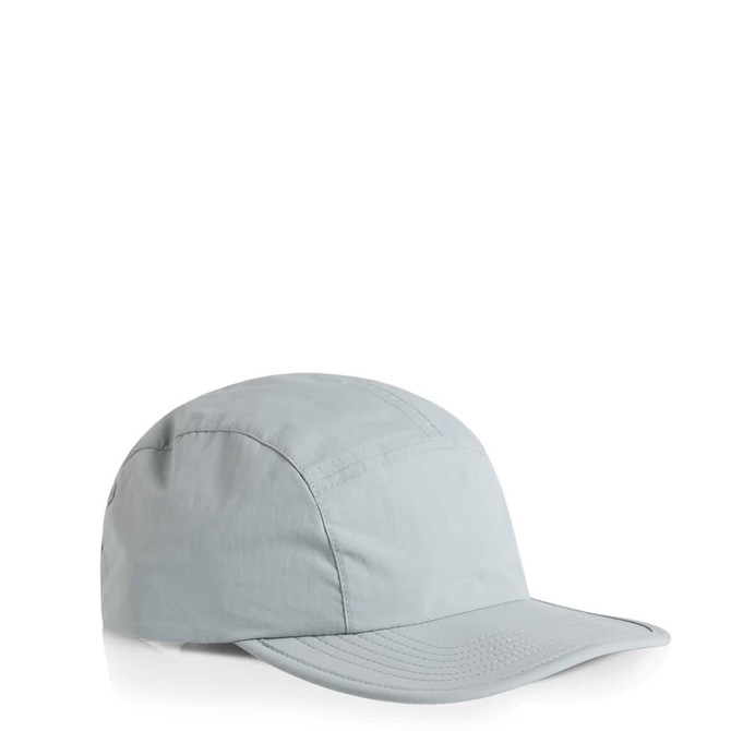 A light grey nylon cap with a structured crown and a curved brim, featuring a logo.