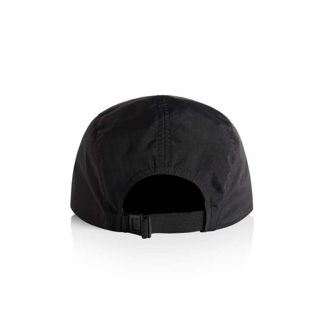 A black nylon cap featuring a simple design and adjustable strap in the back. It has a branding logo.