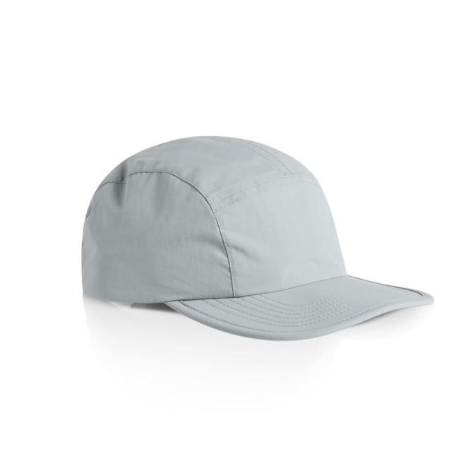A light grey nylon cap with a curved brim and a logo on the side.